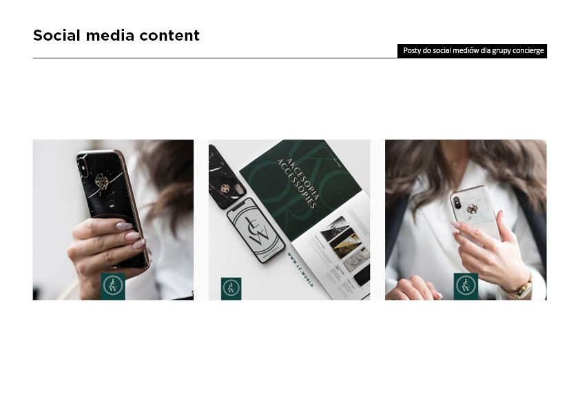 Prezentacja wizualna postów w social mediach z marmurkowymi etui na telefony i katalogiem akcesoriów.