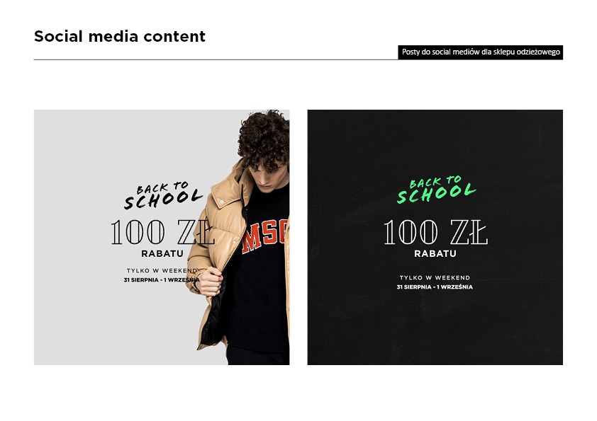 Grafika z dwoma postami do mediów społecznościowych sklepu odzieżowego, prezentująca promocję 'Back to School' z rabatem 100 zł, ważną w weekend 31 sierpnia - 1 września. Po lewej stronie model...