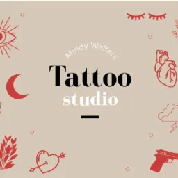 Wizytówka studia tatuażu Mindy Walters z minimalistycznymi, czerwonymi grafikami: róża, oko, dłoń, księżyc, serce, gwiazda, jaskółka, liść, serce z strzałą, oczy, gałązka, palma, serce anatomiczne,...