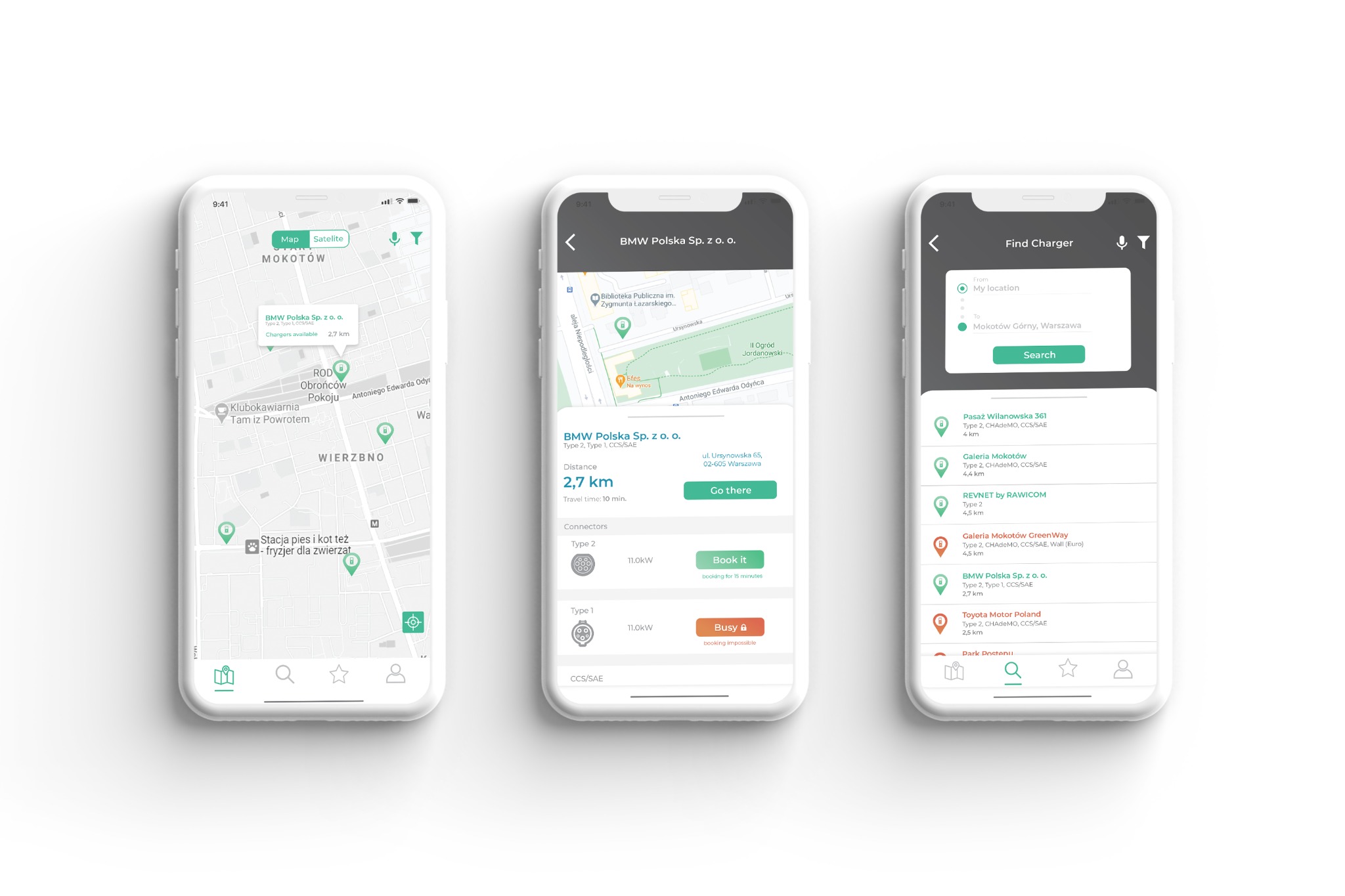 Trzy ekrany smartfonów prezentujące aplikację do lokalizowania stacji ładowania samochodów elektrycznych, z mapą, szczegółami stacji BMW Polska i listą dostępnych ładowarek w okolicy Mokotowa.