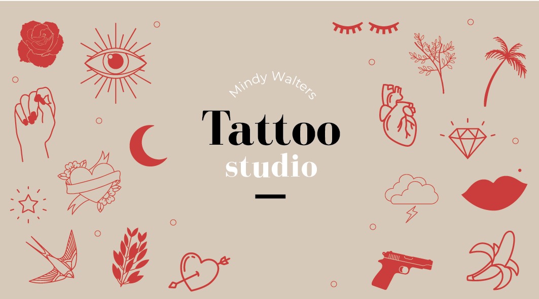 Wizytówka studia tatuażu Mindy Walters z minimalistycznymi, czerwonymi grafikami: róża, oko, dłoń, księżyc, serce, gwiazda, jaskółka, liść, serce z strzałą, oczy, gałązka, palma, serce anatomiczne,...