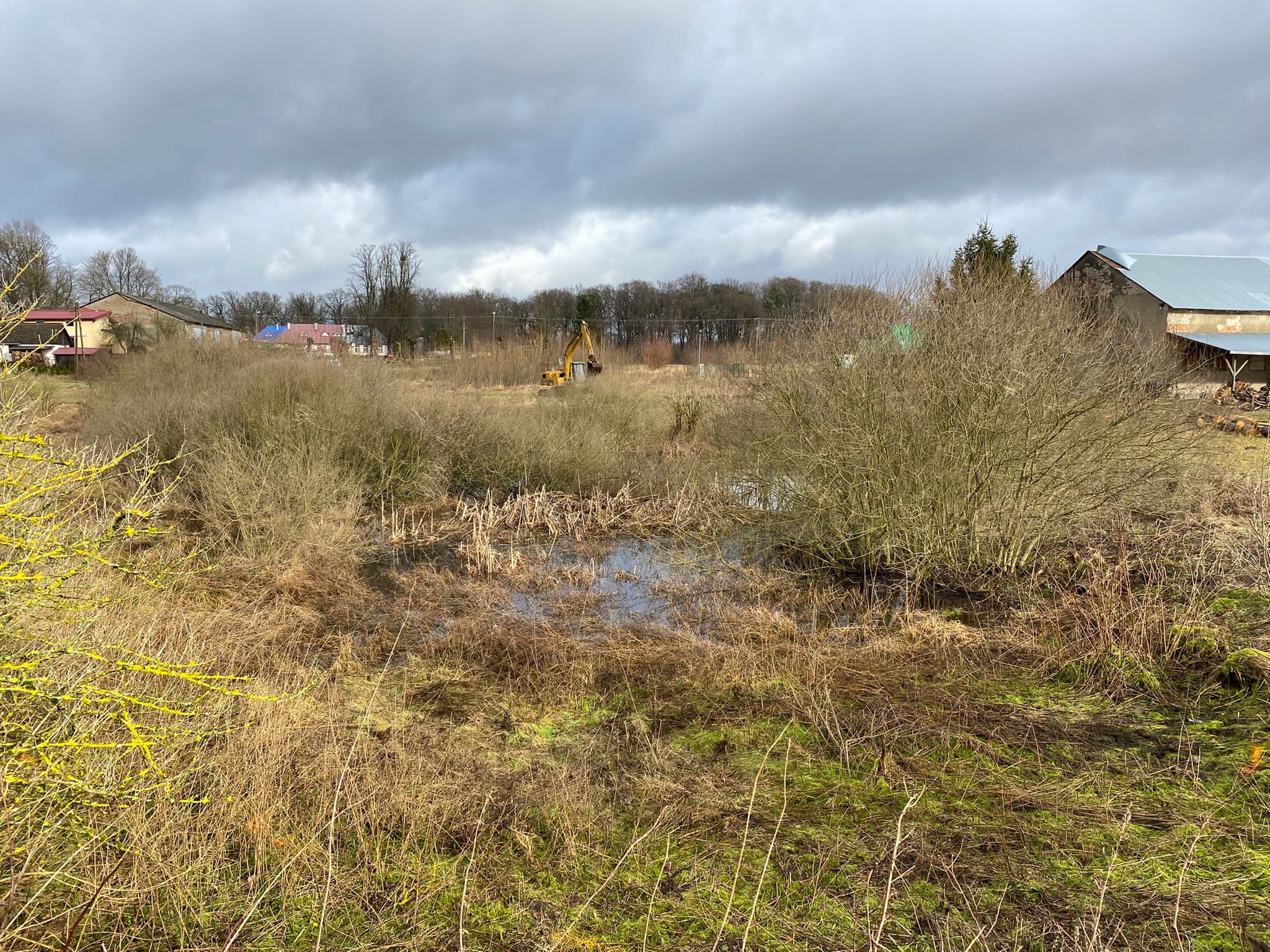 Żółta koparka w oddali, pracująca na zarośniętym terenie z małym zbiornikiem wodnym, widok na budynki w tle pod pochmurnym niebem.