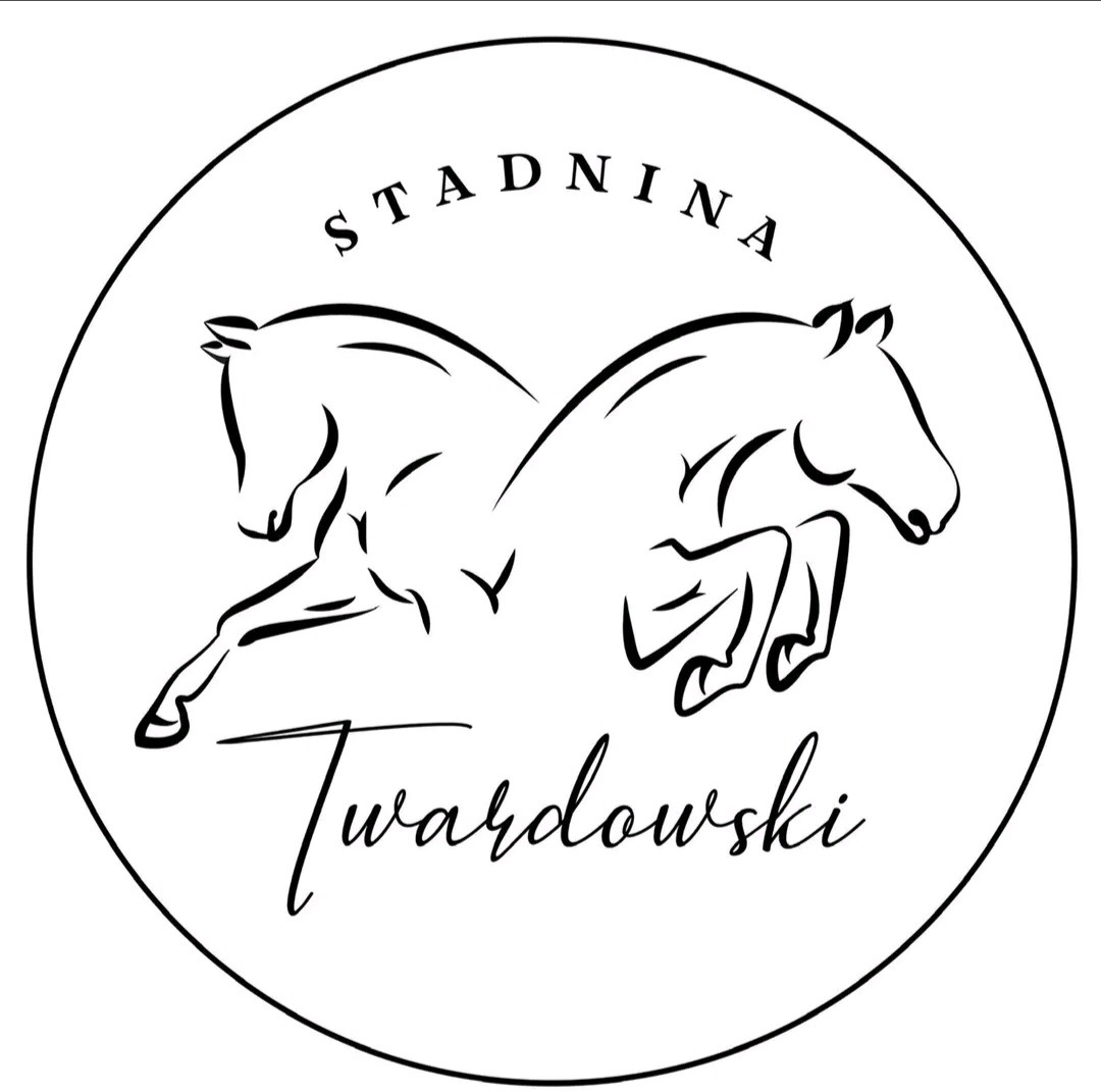 Grafika logo Stadniny Twardowski przedstawiająca dwa konie w dynamicznym skoku, wykonana cienką czarną linią na białym tle, umieszczona w okręgu.