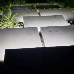 Oświetlona ścieżka z betonowych płyt w ogrodzie nocą, z roślinami i kamieniami dekoracyjnymi.