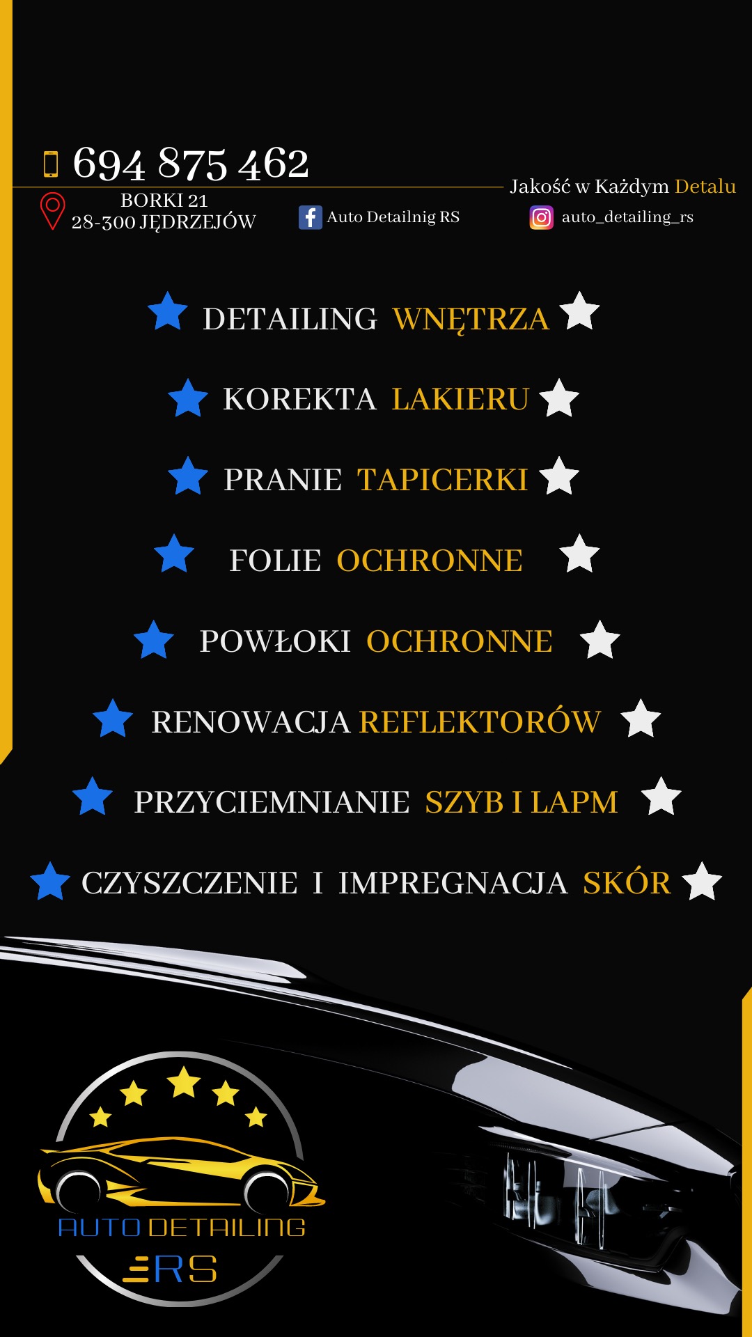 Grafika reklamowa firmy Auto Detailing ERS z Jędrzejowa, prezentująca listę usług: detailing wnętrza, korekta lakieru, pranie tapicerki, folie i powłoki ochronne, renowacja reflektorów...