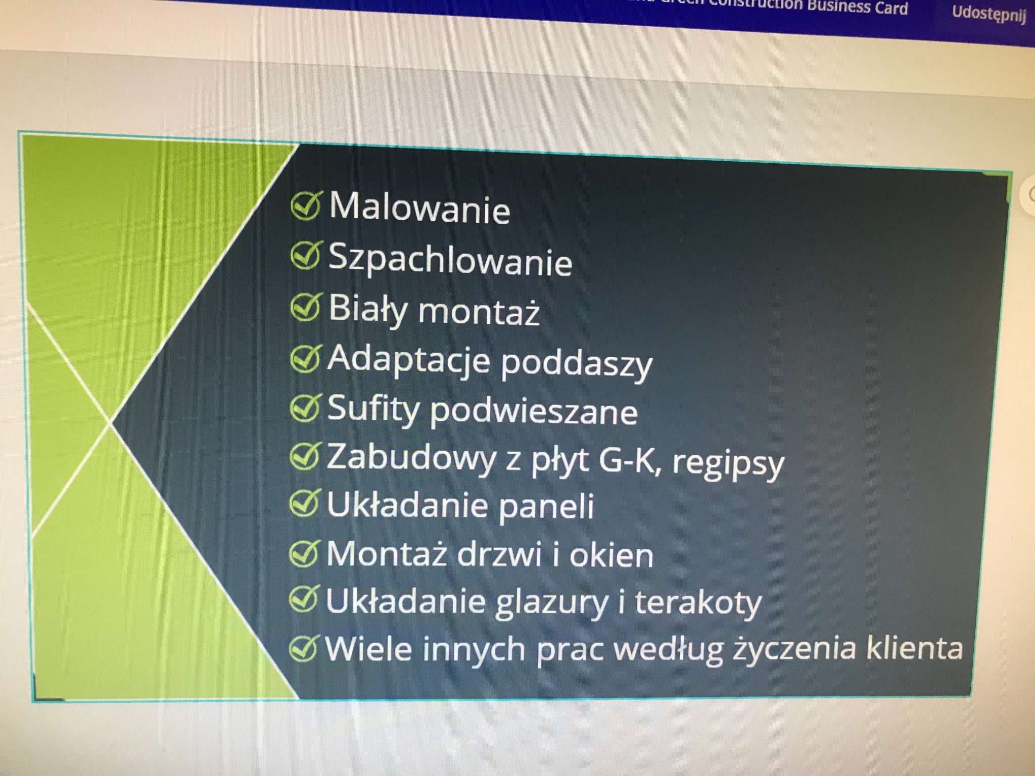 Grafika prezentująca listę usług remontowo-wykończeniowych z zielonym akcentem, obejmująca malowanie, szpachlowanie, montaż, adaptacje poddaszy, sufity podwieszane, zabudowy z płyt G-K, układanie...