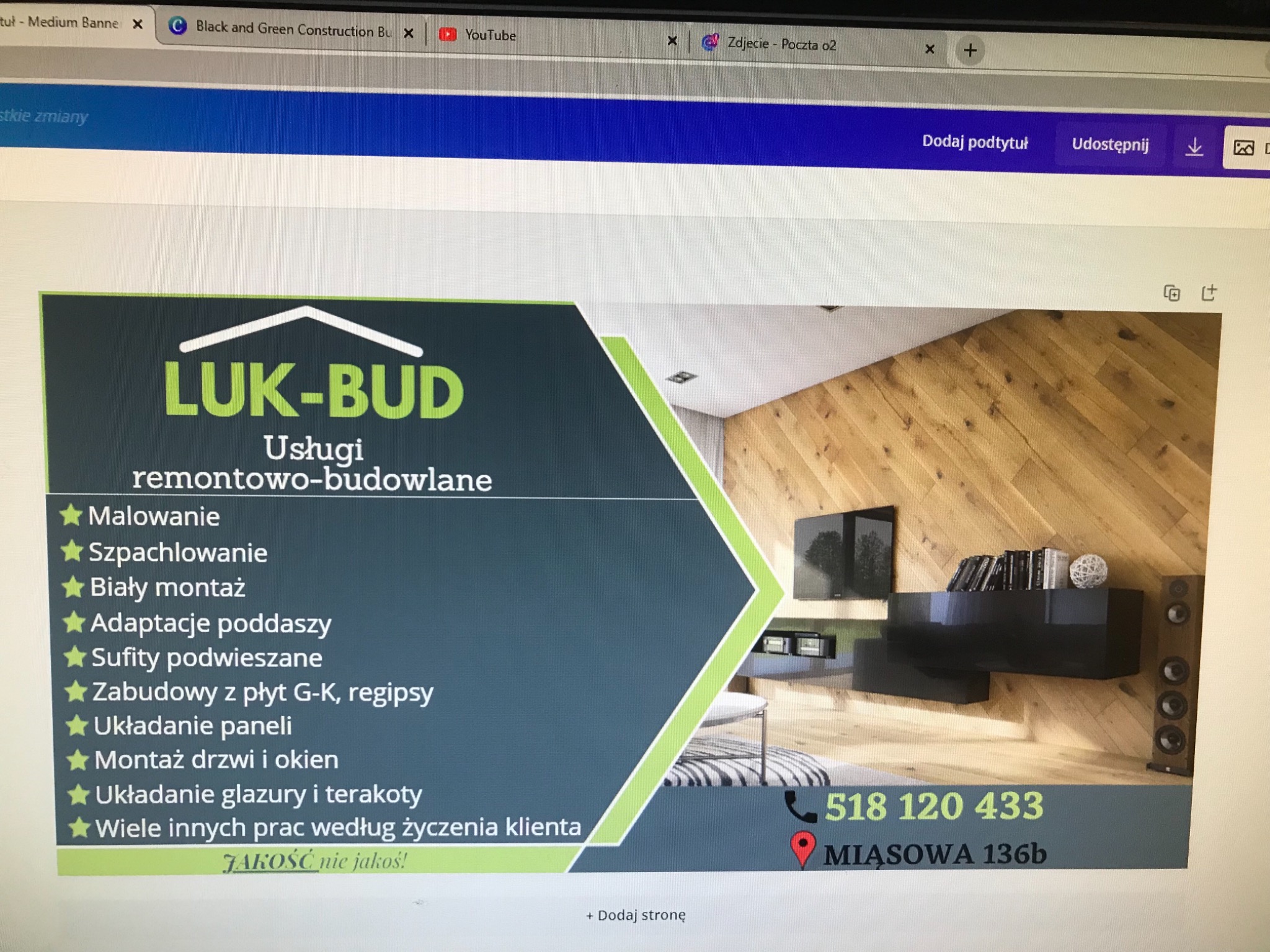Baner reklamowy firmy LUK-BUD oferującej usługi remontowo-budowlane, w tym malowanie, szpachlowanie, biały montaż, adaptacje poddaszy, sufity podwieszane, zabudowy z płyt G-K, układanie paneli...