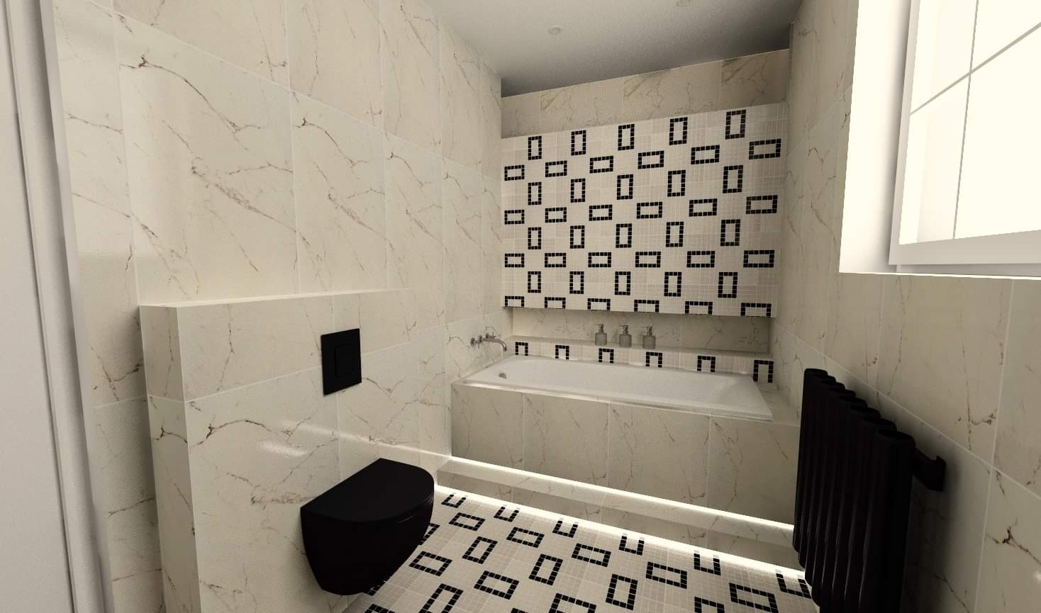 Nowoczesna łazienka z marmurowymi płytkami, czarną armaturą i geometrycznym wzorem na ścianie nad wanną. Widoczny podwieszany sedes, grzejnik żeberkowy i trzy szklane buteleczki na półce.