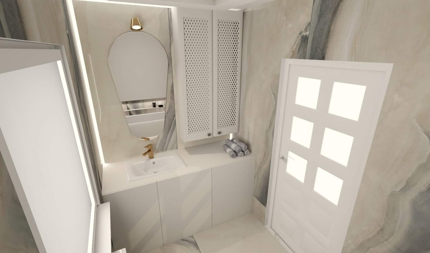 Wizualizacja łazienki z owalnym lustrem podświetlonym złotą lampką, białą szafką z ażurowymi drzwiczkami, umywalką i baterią w kolorze złota oraz stertą zwiniętych szarych ręczników na blacie.