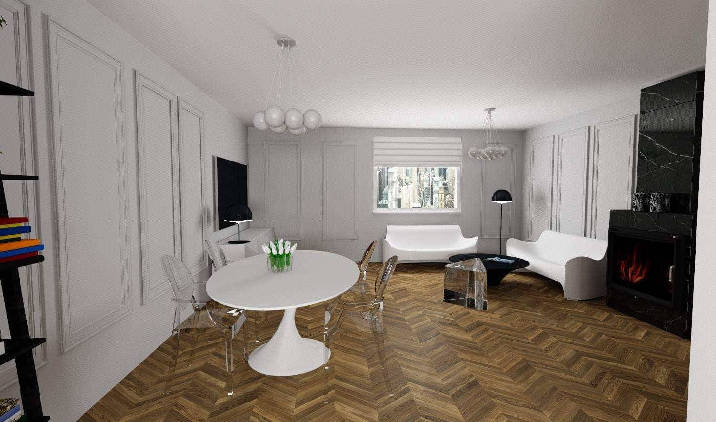 Nowoczesny salon z białymi meblami, okrągłym stołem z tulipanową podstawą, przezroczystymi krzesłami i marmurowym kominkiem, oświetlony kulistymi lampami sufitowymi.