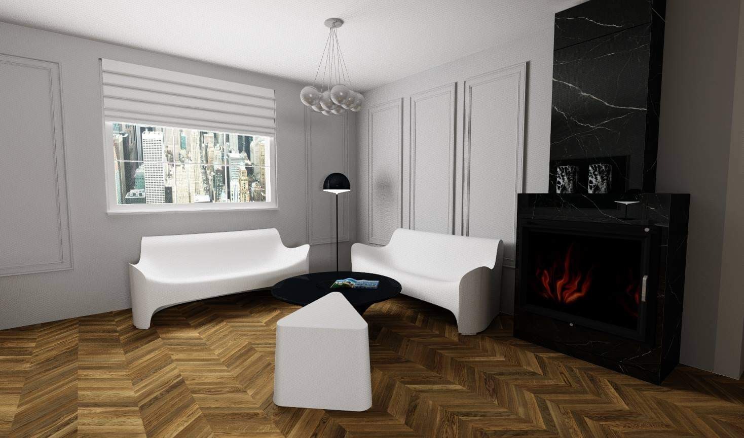 Wizualizacja salonu z parkietem w jodełkę, białymi sofami o organicznych kształtach, czarnym stolikiem kawowym, lampą podłogową, kominkiem z czarnego marmuru i widokiem na miasto za oknem.