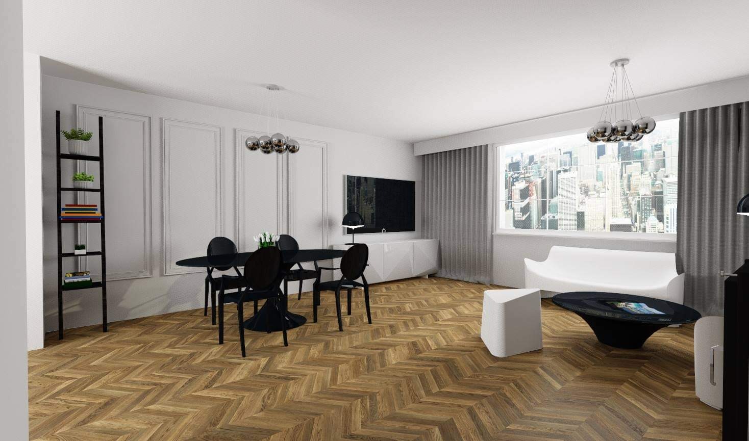 Nowoczesne wnętrze z parkietem w jodełkę, czarnym stołem i krzesłami oraz widokiem na miasto za oknem.
