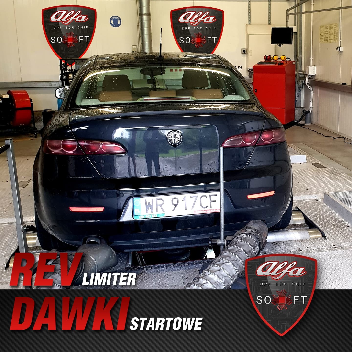 Ciemny samochód Alfa Romeo poddawany diagnostyce w Radomiu, z podłączonymi rurami wyciągowymi i widocznym oprogramowaniem do modyfikacji DPF EGR Chip.