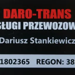 Wizytówka firmy Daro-Trans oferującej usługi przewozowe, z danymi kontaktowymi i numerami NIP oraz REGON.