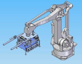 Model 3D robota przemysłowego z chwytakiem, widok izometryczny na błękitnym tle.
