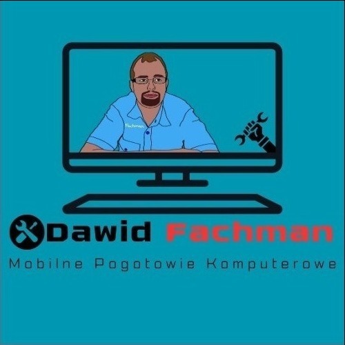 Karykaturalne logo firmy Dawid Fachman - Mobilne Pogotowie Komputerowe, z wizerunkiem mężczyzny w okularach wyświetlanego na ekranie monitora i ręką trzymającą klucz francuski.