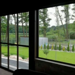 Wnętrze zadaszonego tarasu z widokiem na zadbany ogród z trawnikiem, ścieżką z kostki, rzędem małych drzewek iglastych i metalowym budynkiem gospodarczym w tle.