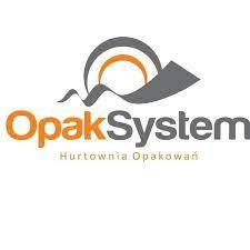 Logo firmy OpakSystem, hurtowni opakowań, z abstrakcyjnym symbolem w kształcie spirali i fali w kolorach pomarańczowym i szarym na białym tle.