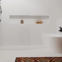 Minimalistyczna łazienka w bieli z drewnianymi akcentami: wanna, wiklinowy kosz na pranie, geometryczny dywanik i kosmetyki w niszach ściennych, logo firmy projektującej wnętrza w prawym górnym rogu.