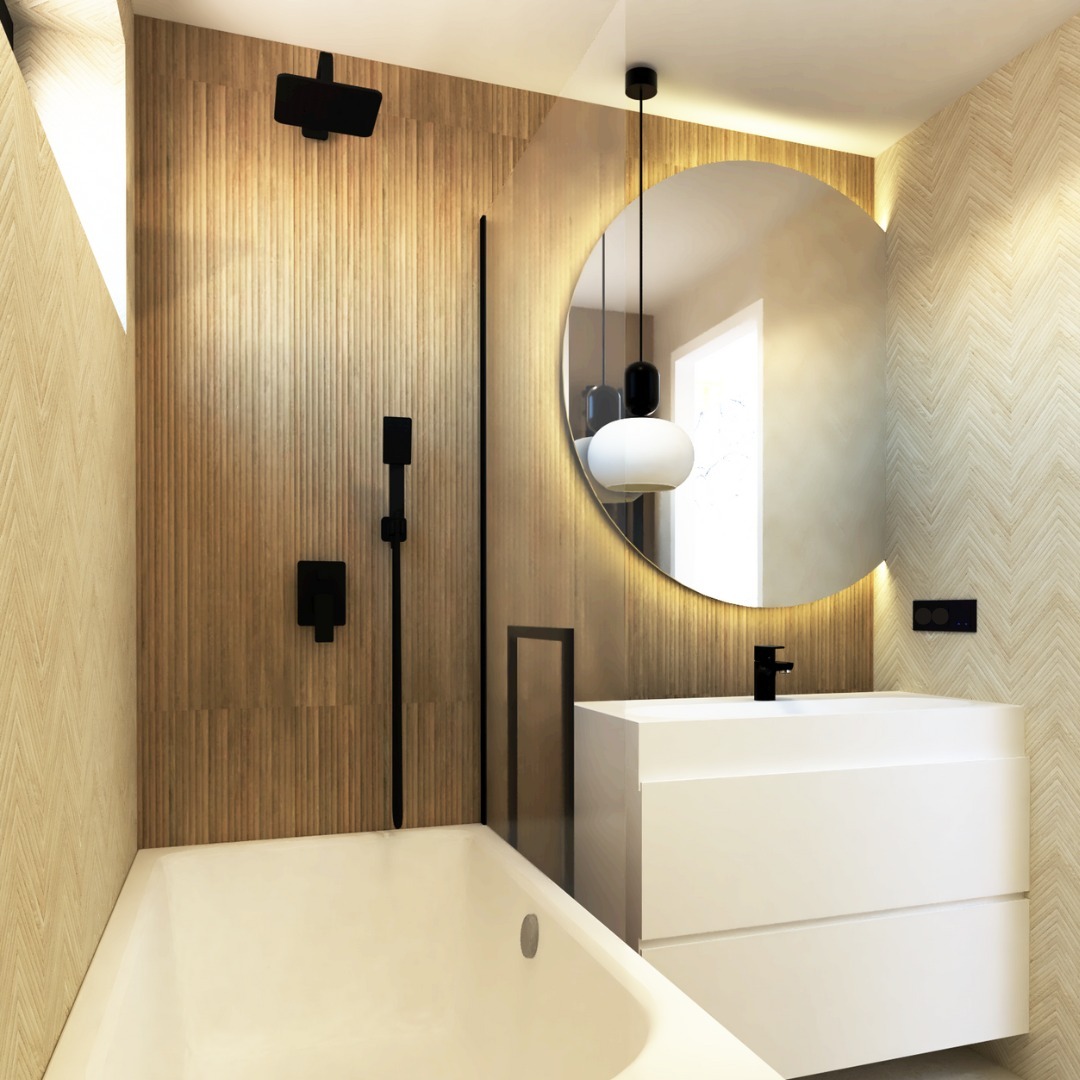 Nowoczesna łazienka z wanną, umywalką w szafce i okrągłym lustrem z podświetleniem LED, drewnopodobne płytki na ścianach, czarna armatura.