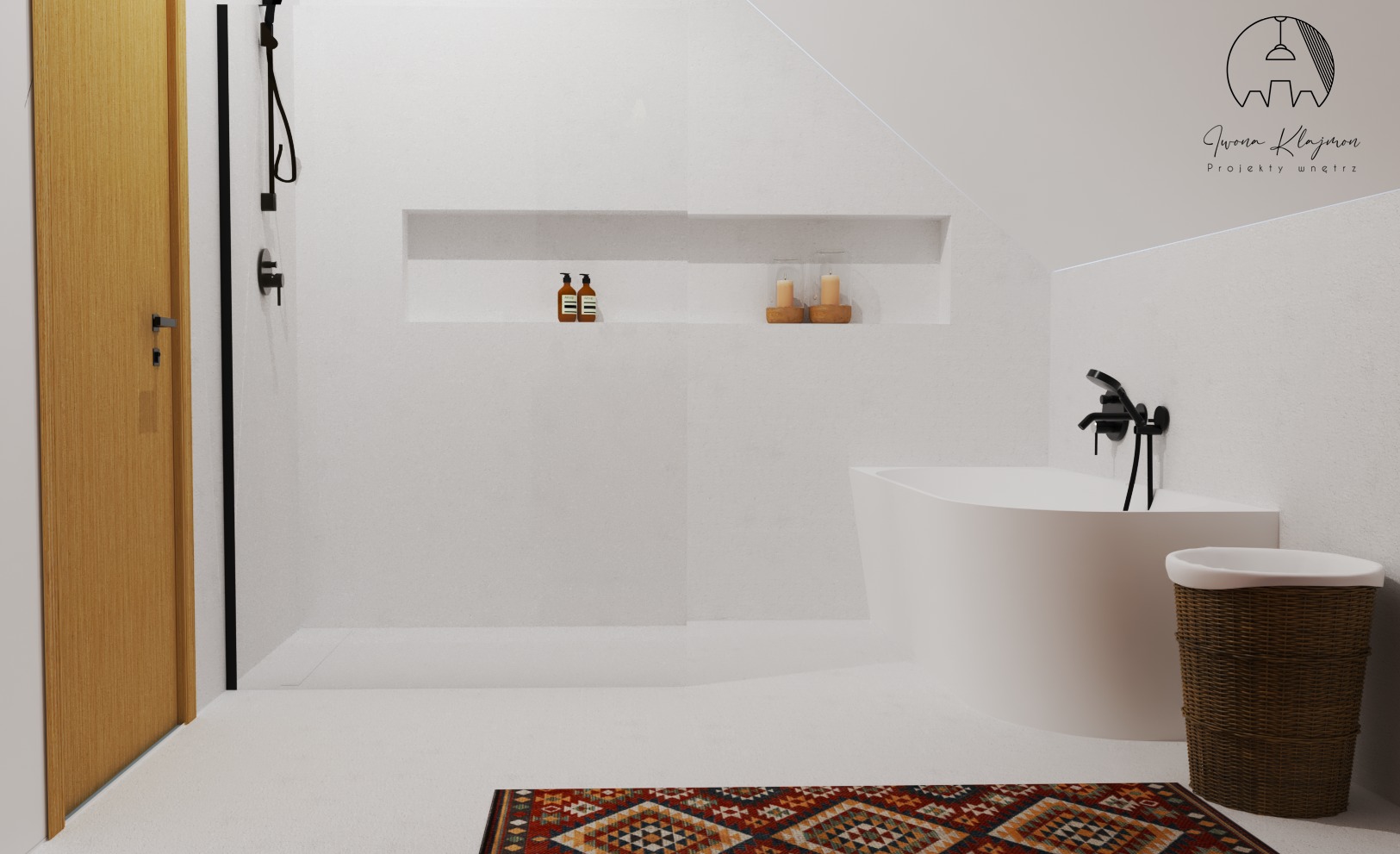 Minimalistyczna łazienka w bieli z drewnianymi akcentami: wanna, wiklinowy kosz na pranie, geometryczny dywanik i kosmetyki w niszach ściennych, logo firmy projektującej wnętrza w prawym górnym rogu.
