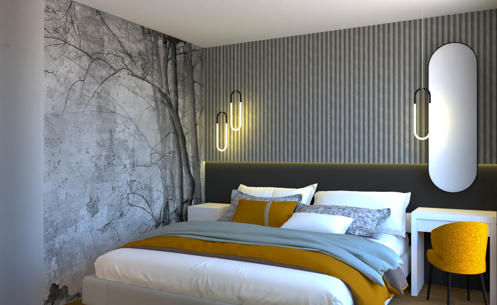 Nowoczesna sypialnia z tapetą imitującą drzewa, pionowe panele ścienne, asymetryczne lampy wiszące i żółte krzesło akcentujące.