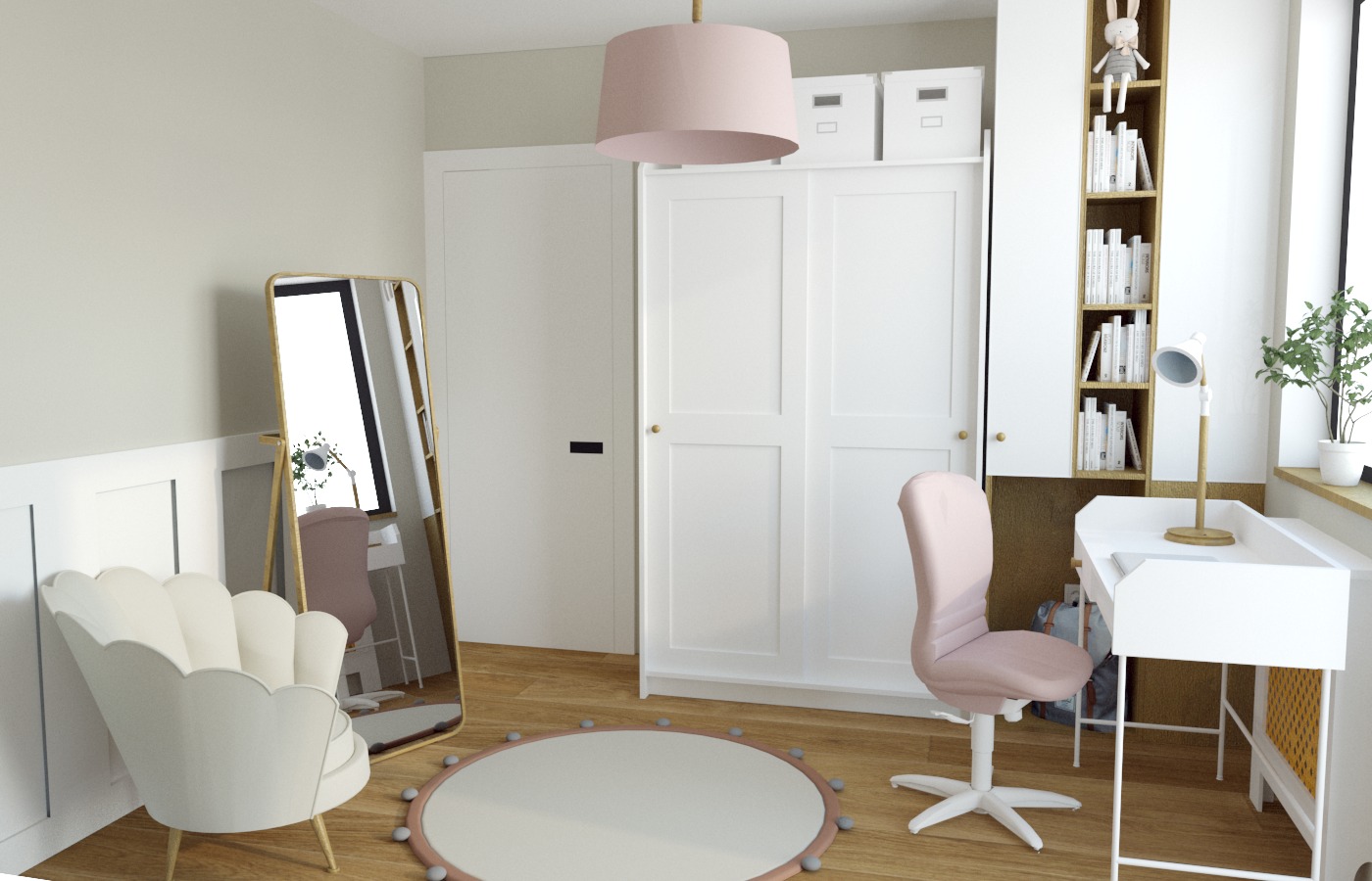 Pokój dziecięcy w jasnych barwach z białymi meblami, różowym krzesłem i lampą, lustrem w złotej ramie i okrągłym dywanem na drewnianej podłodze.