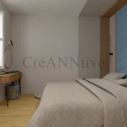 Wizualizacja sypialni z toaletką przy oknie, łóżkiem z pikowanym zagłówkiem w odcieniach błękitu i drewnianymi lamelami dekoracyjnymi.