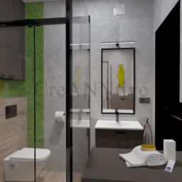 Wizualizacja nowoczesnej łazienki z drewnianymi i szarymi płytkami, kabiną prysznicową typu walk-in, toaletą podwieszaną, lustrem w czarnej ramie, grzejnikiem drabinkowym i akcentem zielonej ściany...