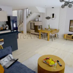 Wizualizacja wnętrza otwartego mieszkania z kuchnią, jadalnią i salonem; widoczny ciemny aneks kuchenny z barkiem i hokerami, stół jadalny z krzesłami, sofa z poduszkami oraz szafka RTV...