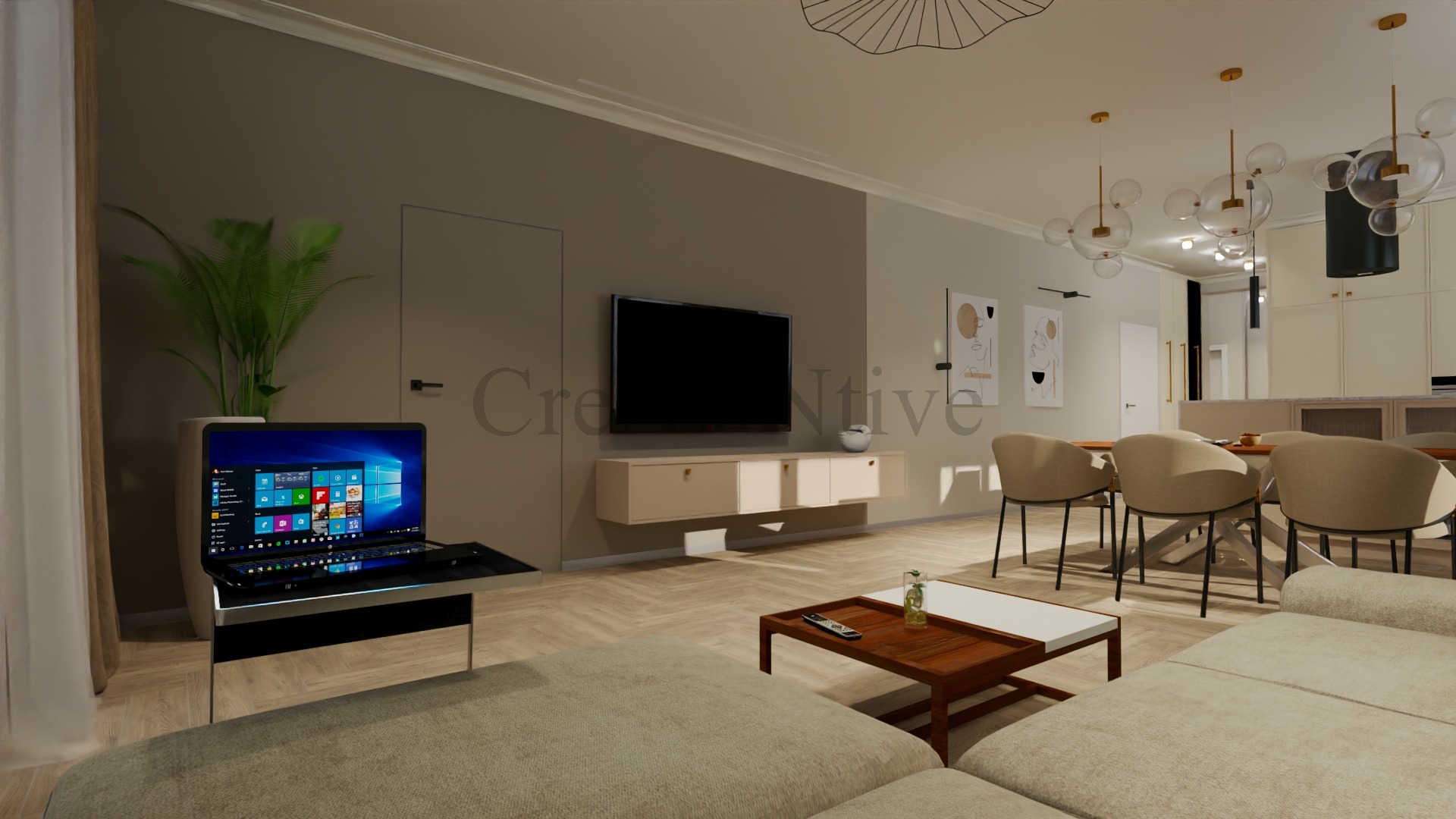 Wizualizacja salonu z jadalnią w neutralnych barwach, z laptopem na pierwszym planie, prezentującym interfejs systemu Windows, oraz telewizorem na ścianie w tle.