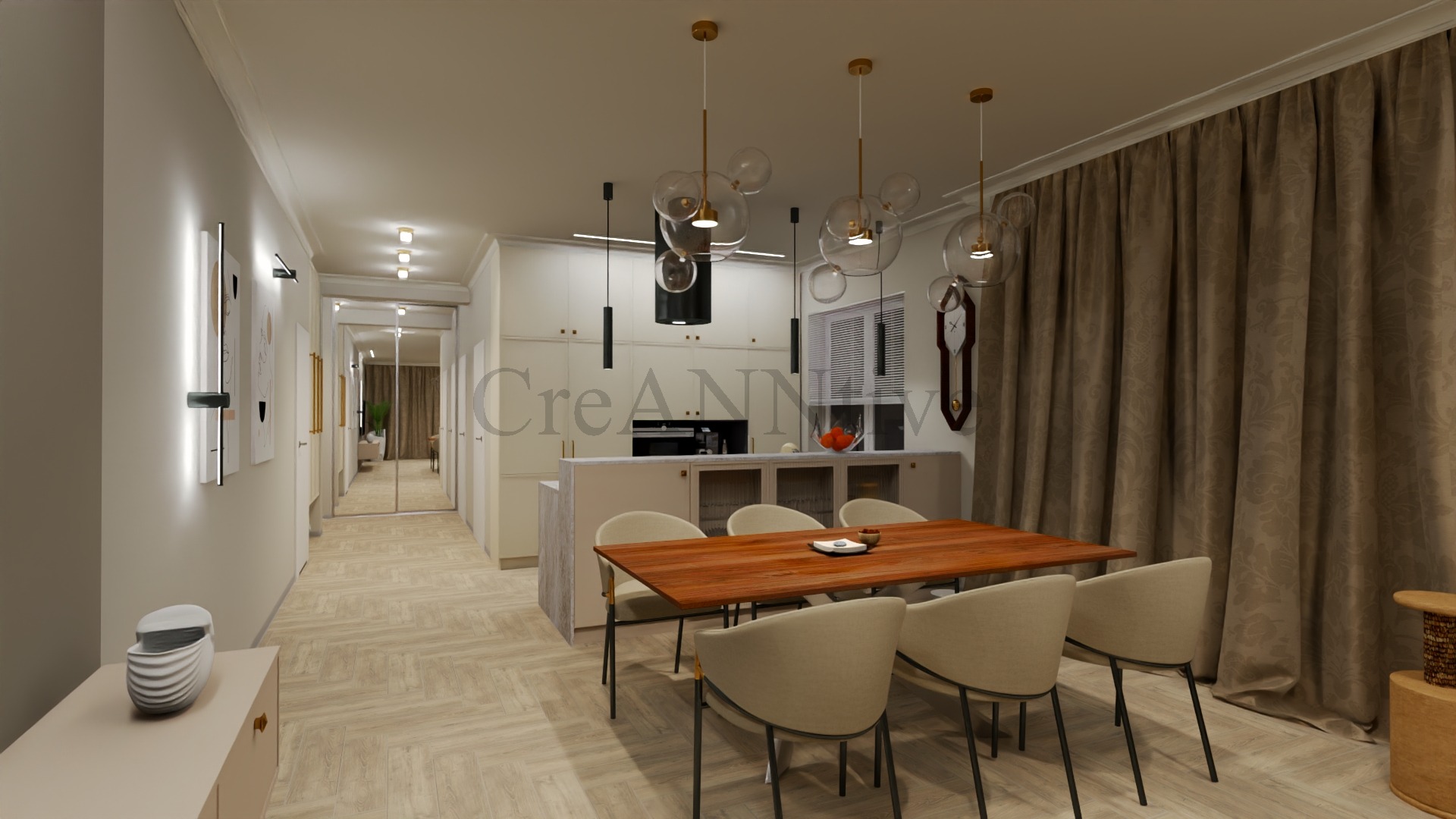 Wizualizacja wnętrza: jadalnia z drewnianym stołem i krzesłami w beżowych odcieniach, kuchnia z białymi szafkami w tle, dekoracyjne lampy wiszące z kloszami w kształcie baniek, wzorzyste zasłony...