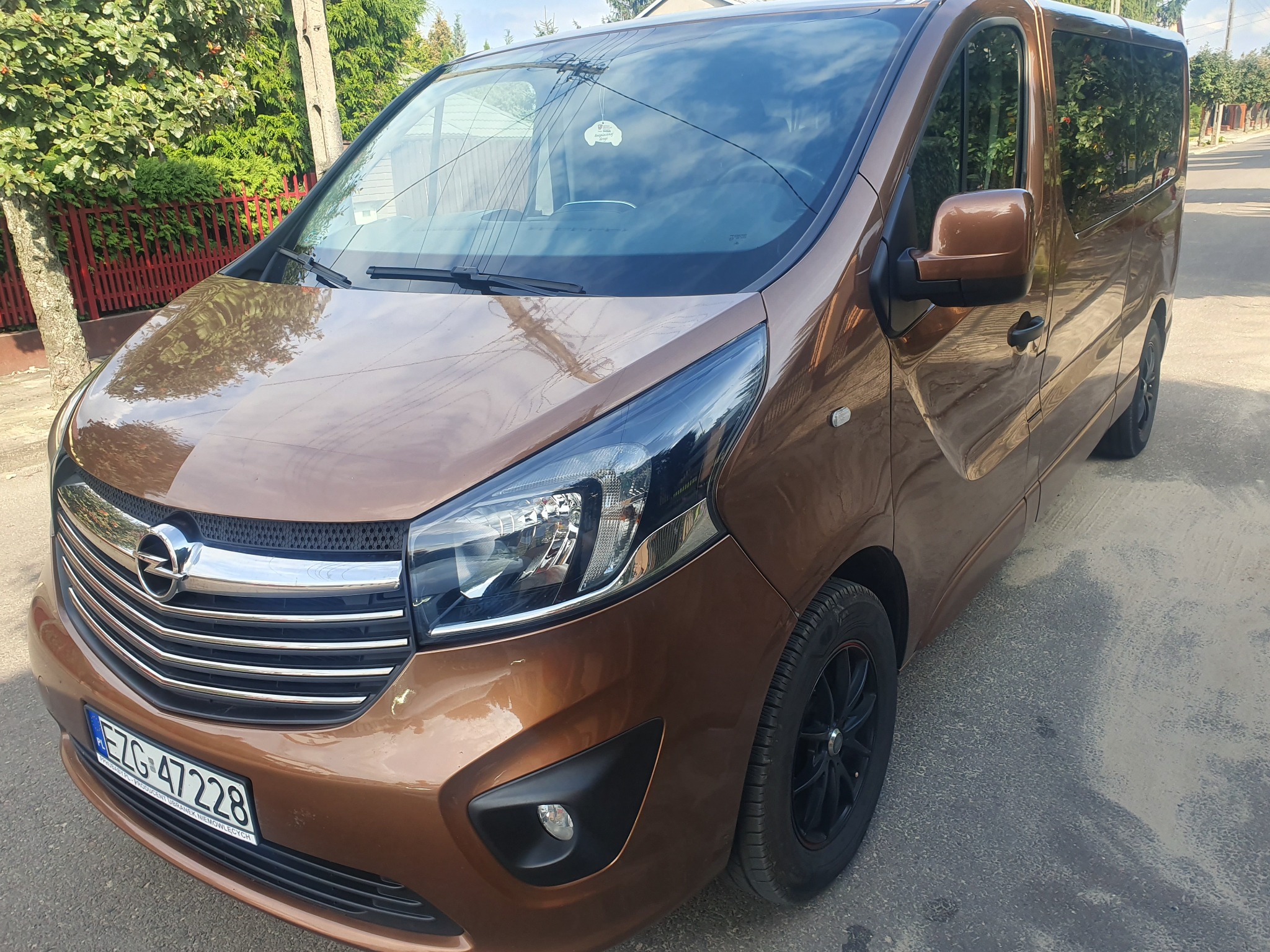 Brązowy Opel Vivaro z czarnymi felgami, zaparkowany na ulicy w słoneczny dzień, widoczna tablica rejestracyjna EZG 47228.