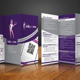 Trzyczęściowa broszura reklamowa z grafiką aplikacji BillsOnMe dla barów, prezentująca funkcje i koszty, z motywem kelnerki-króliczka i kodami QR.