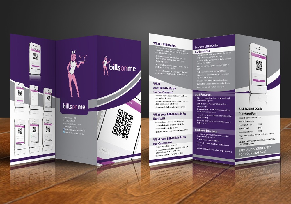Trzyczęściowa broszura reklamowa z grafiką aplikacji BillsOnMe dla barów, prezentująca funkcje i koszty, z motywem kelnerki-króliczka i kodami QR.