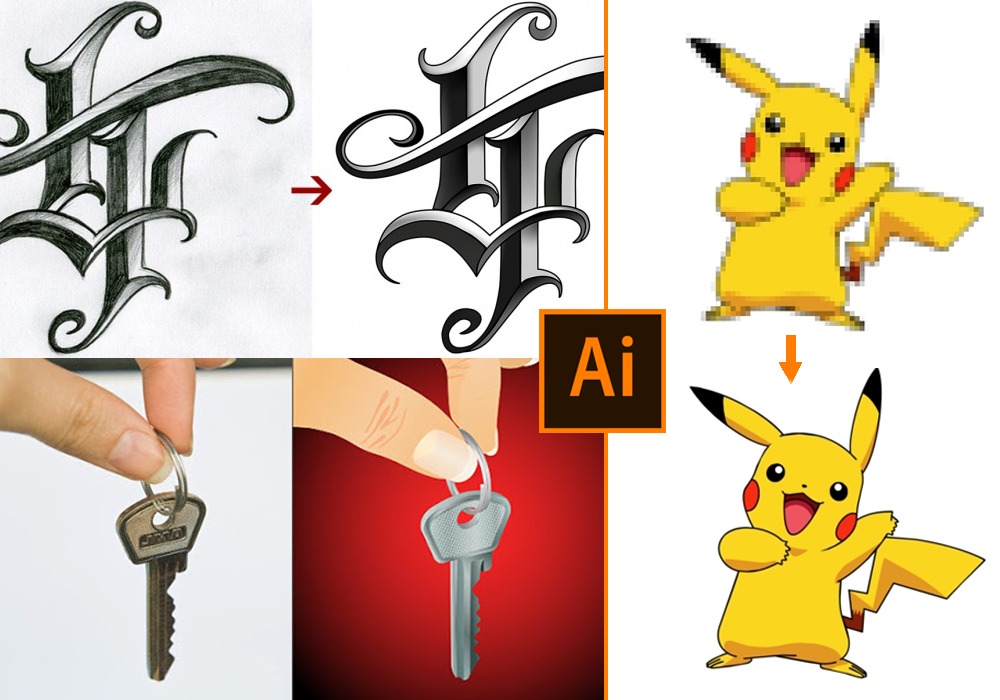 Przykłady przerysowania grafiki: litera z odręcznego szkicu do wektora, pikselowy Pikachu do grafiki wektorowej, zdjęcie klucza do wektorowej ilustracji. Logo Adobe Illustrator.