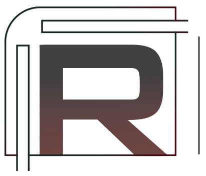 Abstrakcyjne logo firmy z dużą literą R, gradientem od ciemnego do jasnego, otoczone geometrycznymi liniami w kolorze grafitowym.