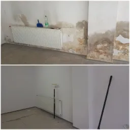 Dwuetapowe ujęcie remontowanego pokoju: zniszczone ściany z widocznymi śladami wilgoci i odpadającej farby, obok grzejnika leżą narzędzia i butelka, a poniżej ten sam pok&oacute;j po odnowieniu,...