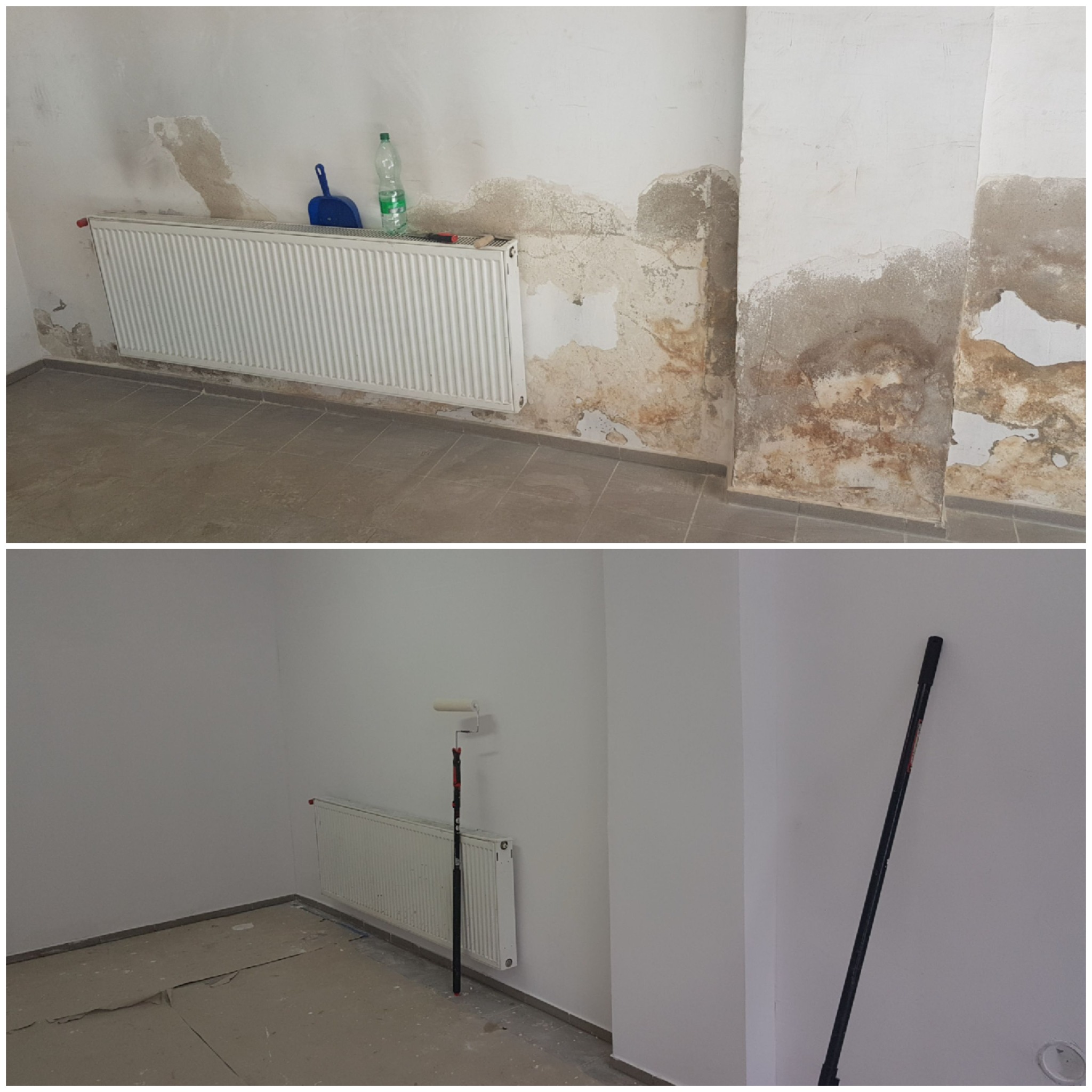 Dwuetapowe ujęcie remontowanego pokoju: zniszczone ściany z widocznymi śladami wilgoci i odpadającej farby, obok grzejnika leżą narzędzia i butelka, a poniżej ten sam pokój po odnowieniu,...