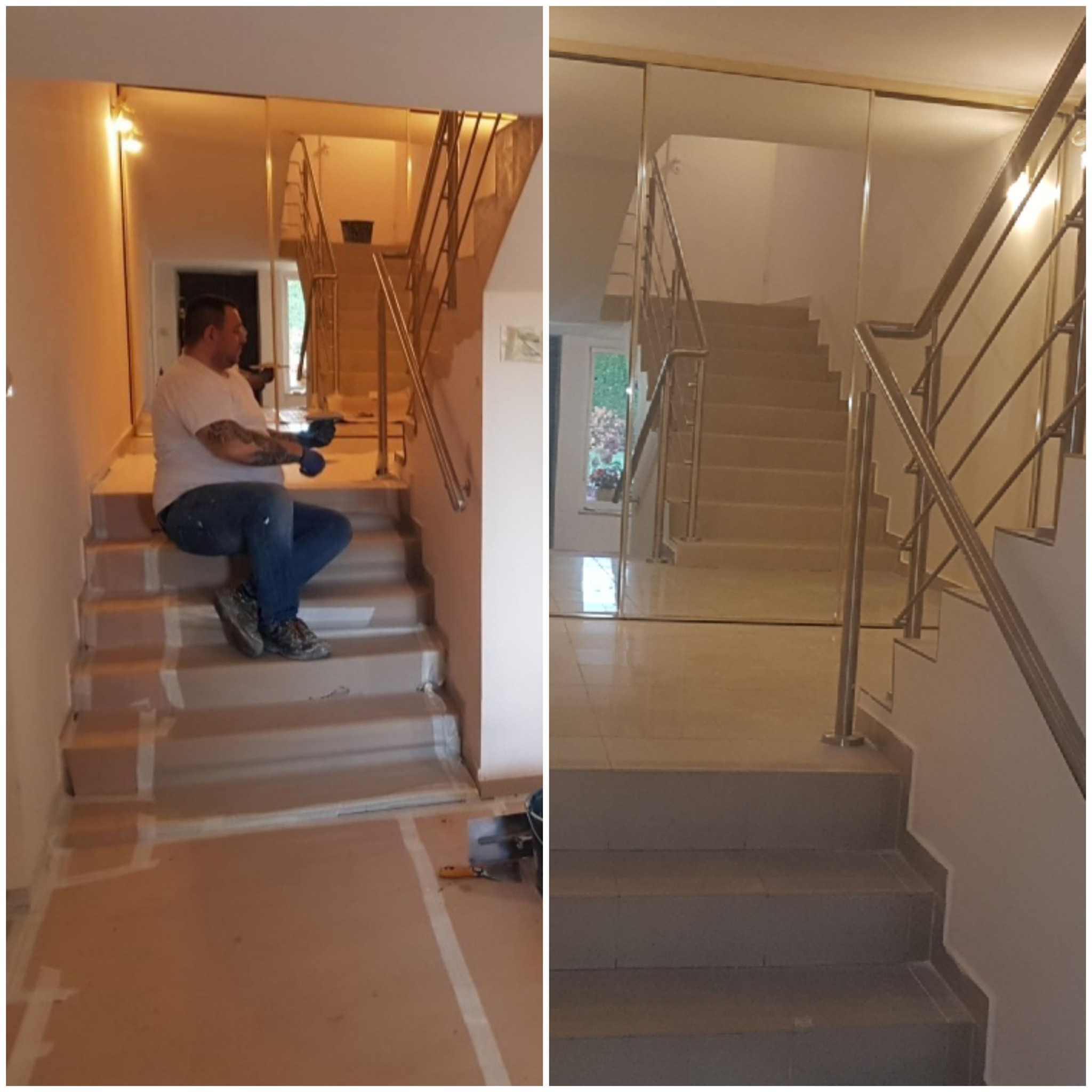 Schody w trakcie zabezpieczania folią i taśmą malarską przed pracami wykończeniowymi, widoczny pracownik w rękawicach siedzący na schodach.
