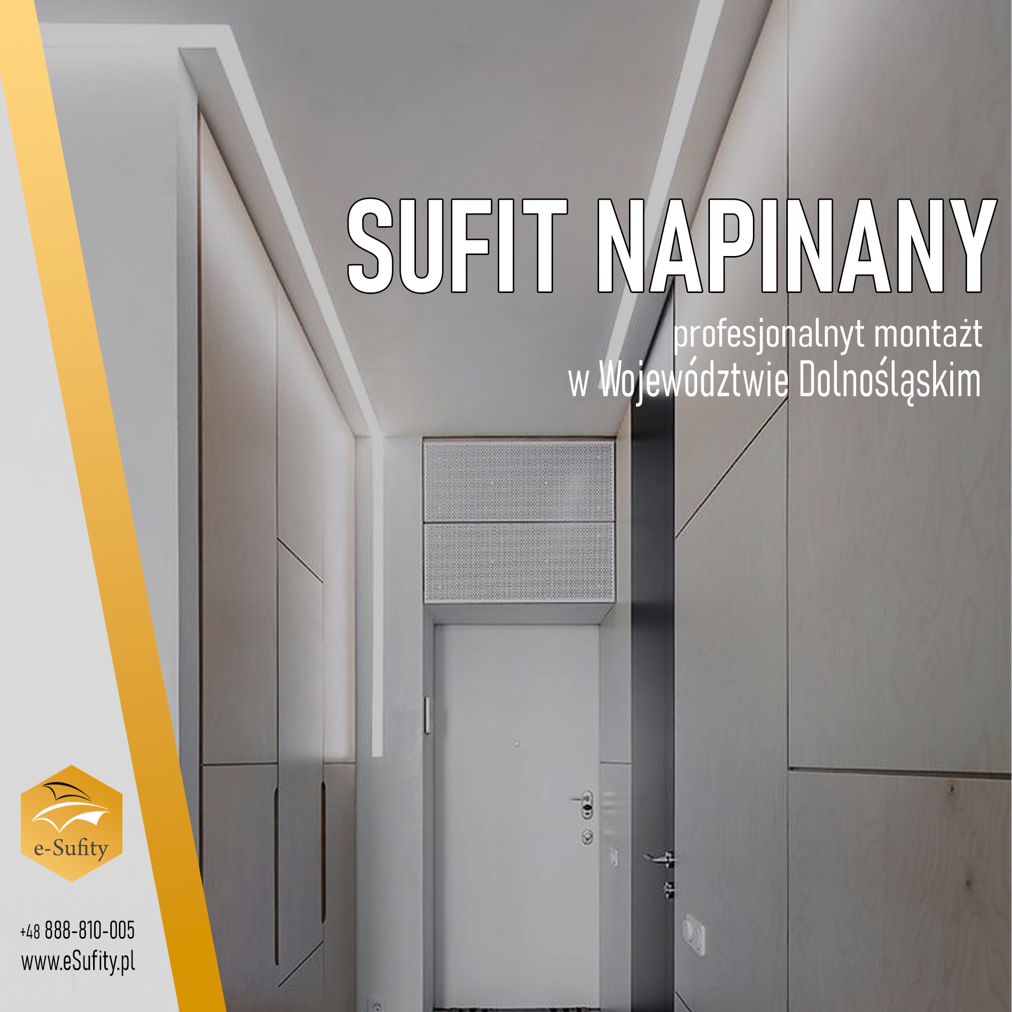 Nowoczesny korytarz z zabudową meblową i podwieszanym sufitem z oświetleniem LED, z logo firmy e-Sufity w lewym dolnym rogu.