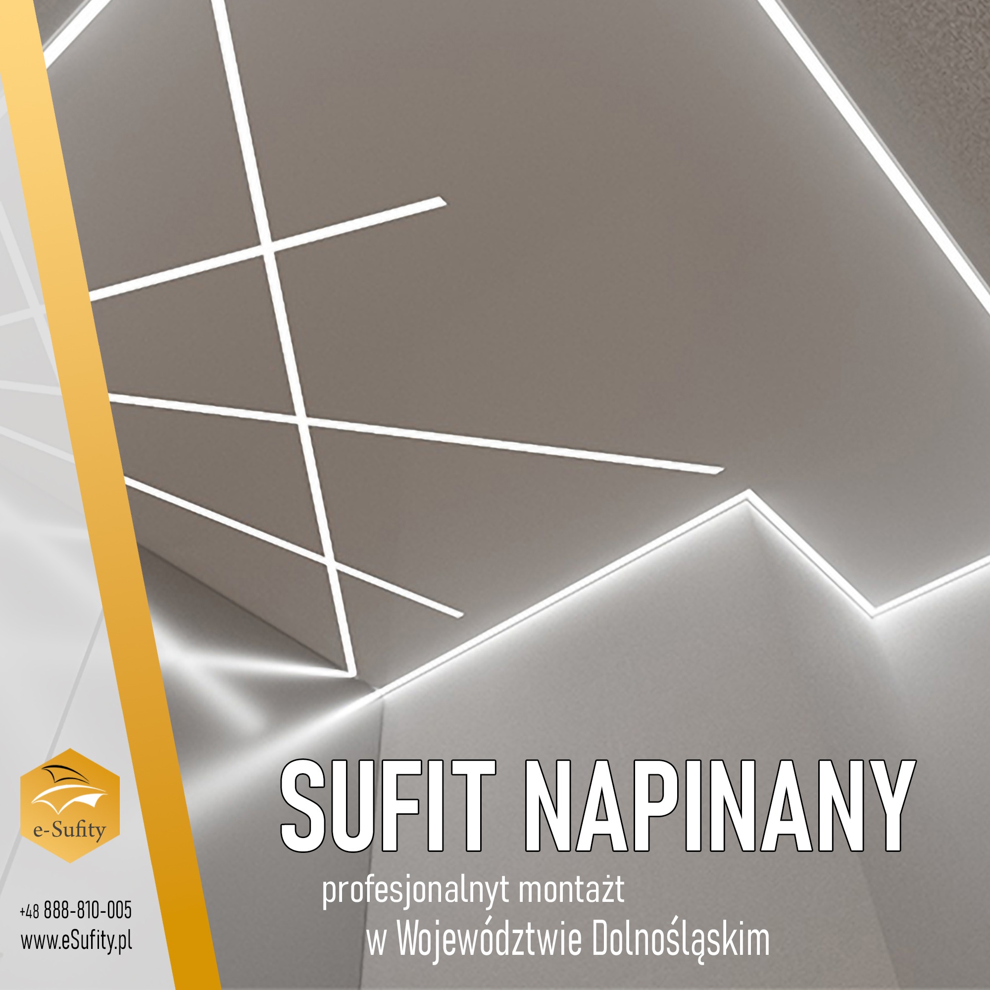 Nowoczesny sufit napinany z liniowym oświetleniem LED, widok z dołu, logo firmy e-Sufity w lewym dolnym rogu.