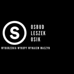 Czarne tło z białym logo firmy OSBUD Leszek Osik, oferującej wyburzenia, wykopy i wynajem maszyn.