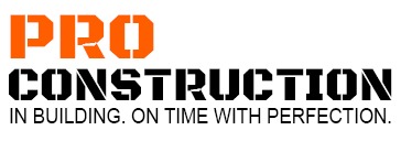 Logo firmy budowlanej: pomarańczowe 'PRO' i czarne 'CONSTRUCTION' z hasłem 'IN BUILDING. ON TIME WITH PERFECTION.'