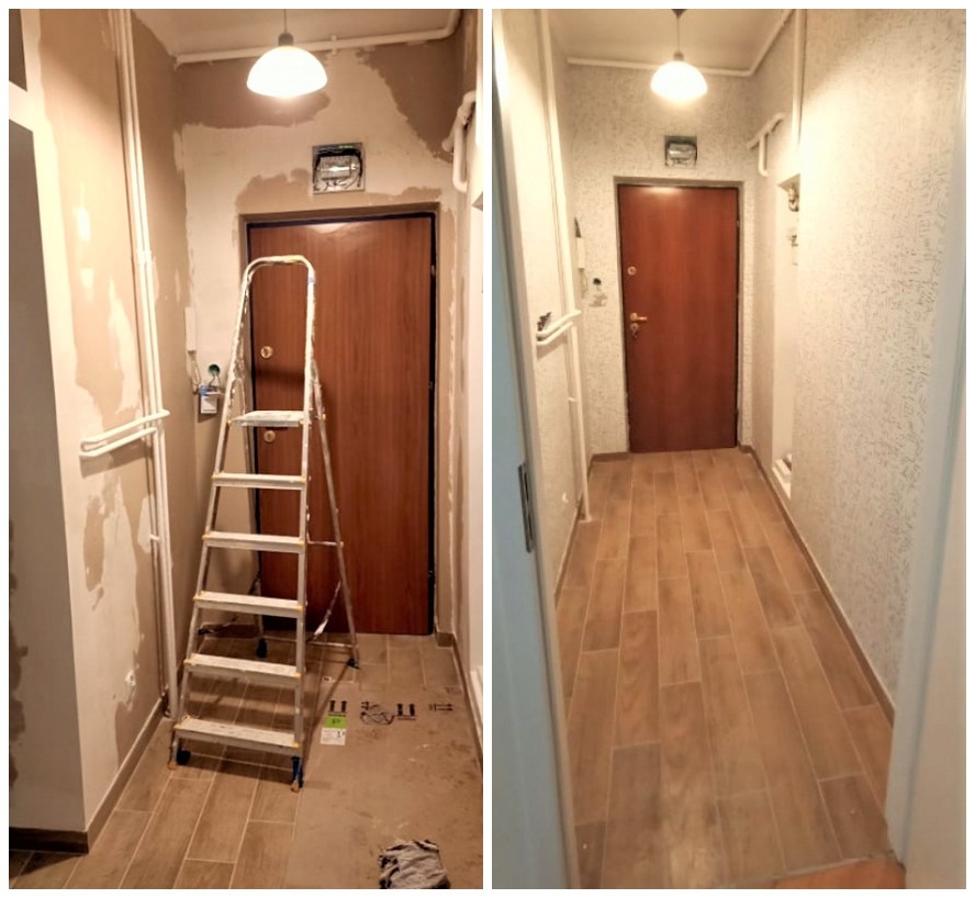 Korytarz w bloku przed i po odświeżeniu: po lewej ściany z resztkami starej farby i śladami po gładzi, po prawej ściany pokryte nową tapetą, na podłodze ułożone płytki imitujące drewno.