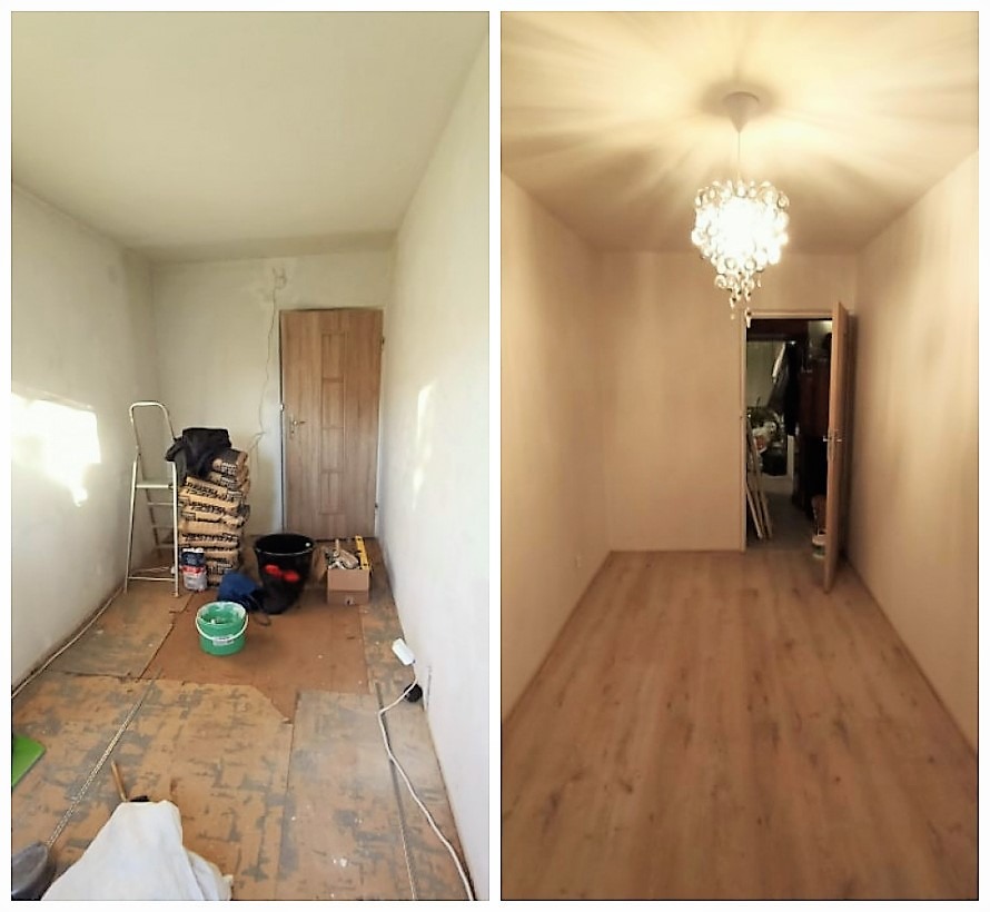 Remont pokoju 12m2: Zrywanie parkietu, wylewka, elektryka, oświetlenie malowanie, panele, listwy czas 5dni.