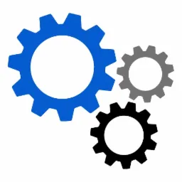 Grafika przedstawiająca trzy zazębiające się koła zębate w kolorach niebieskim, szarym i czarnym na białym tle.