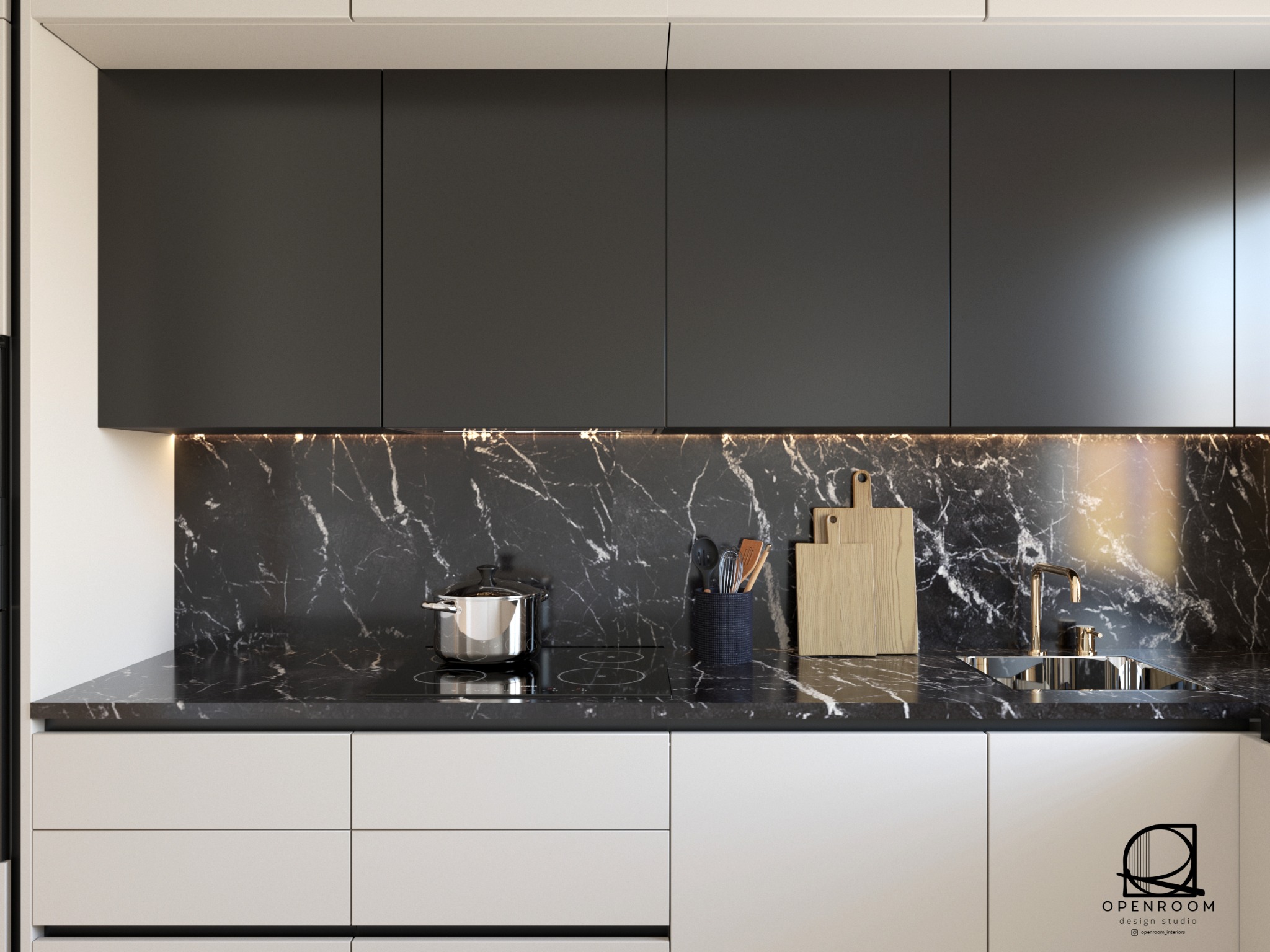 Projekt kuchni w drugiej wersji kolorystycznej z czarnymi frontami