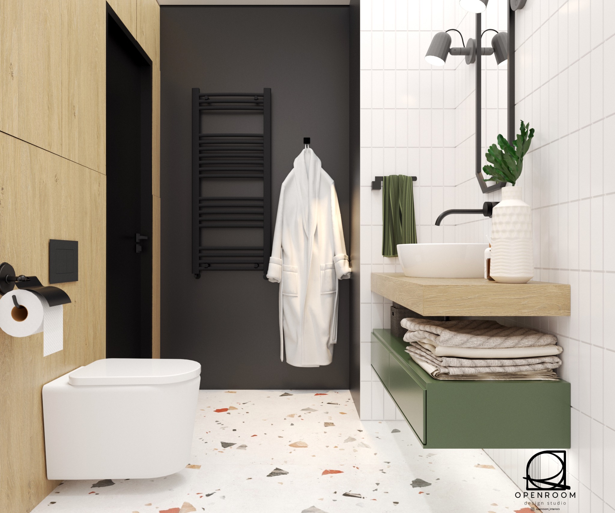 Projekt łazienki z elementami drewna, zieleni i czerni.
