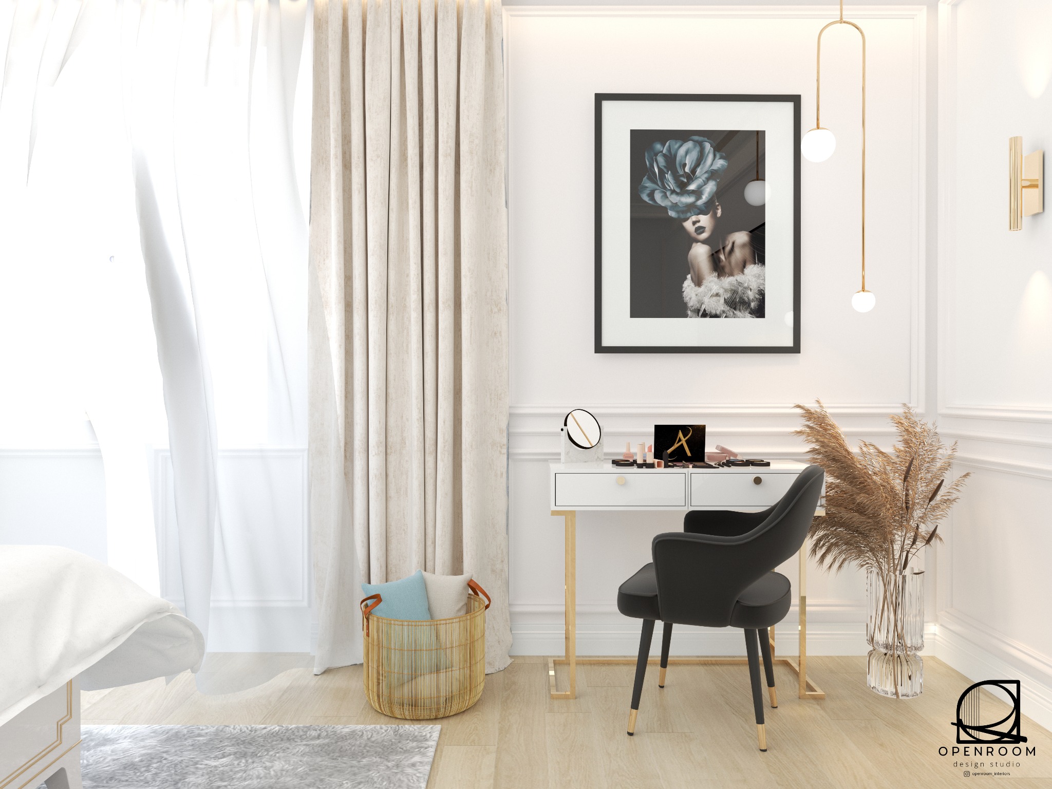 Elegancka toaletka z czarnym krzesłem i złotymi akcentami, dekorowana grafiką w ramie, wazonem z suszonymi trawami i oświetleniem w stylu glamour, w jasnym wnętrzu sypialni.
